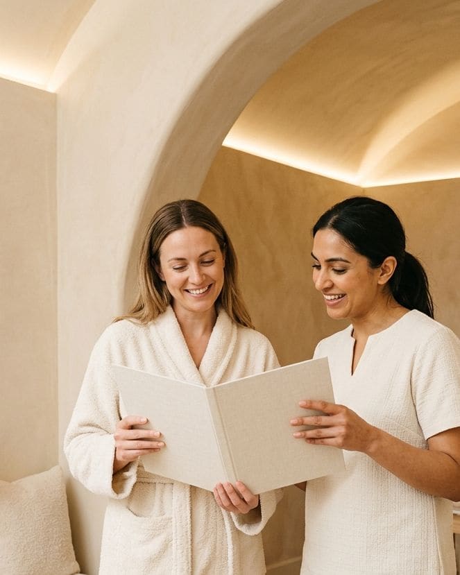 Two smiling women looking together at pages in an open book