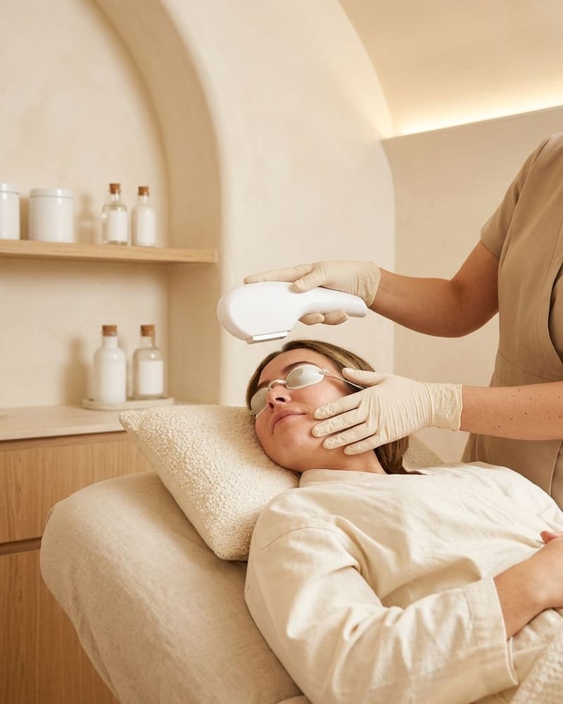 Woman lying back in eyewear as gloved hands hold a device near her cheek