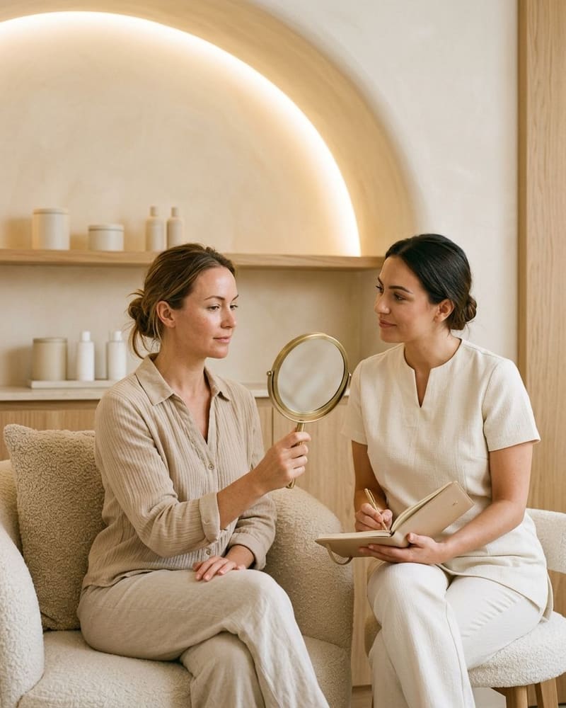 Two women seated, one holding a hand mirror, the other writing in a notebook
