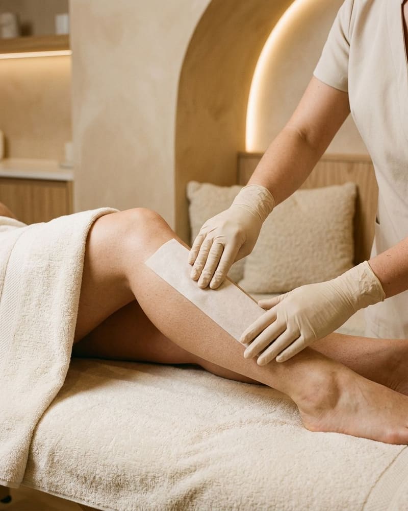 Gloved hands pressing a wax strip against a client's lower leg