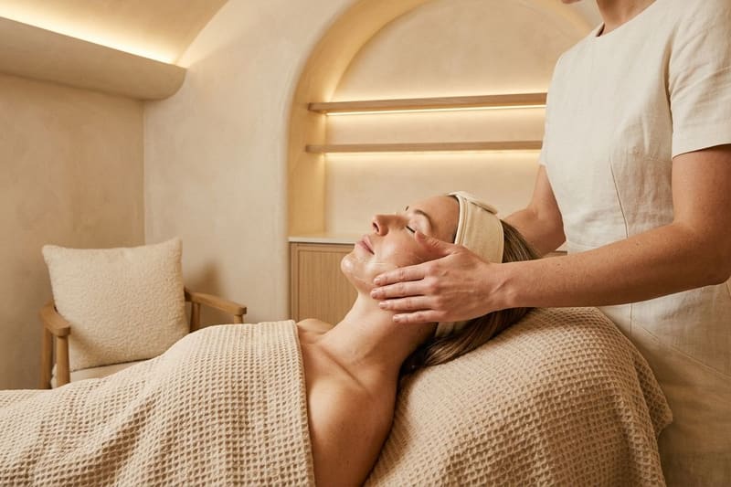 Woman lying back, eyes closed, as a therapist's hands apply cream to her cheek