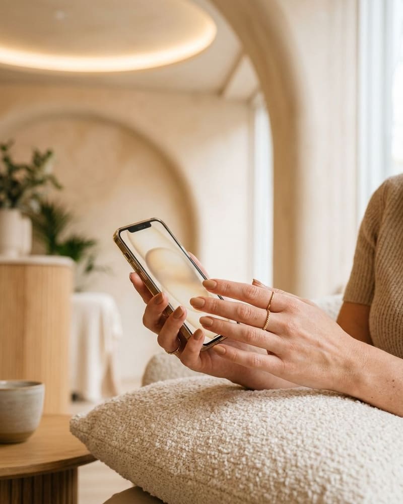 Hands holding a phone with an unreadable screen, resting on a soft cushion