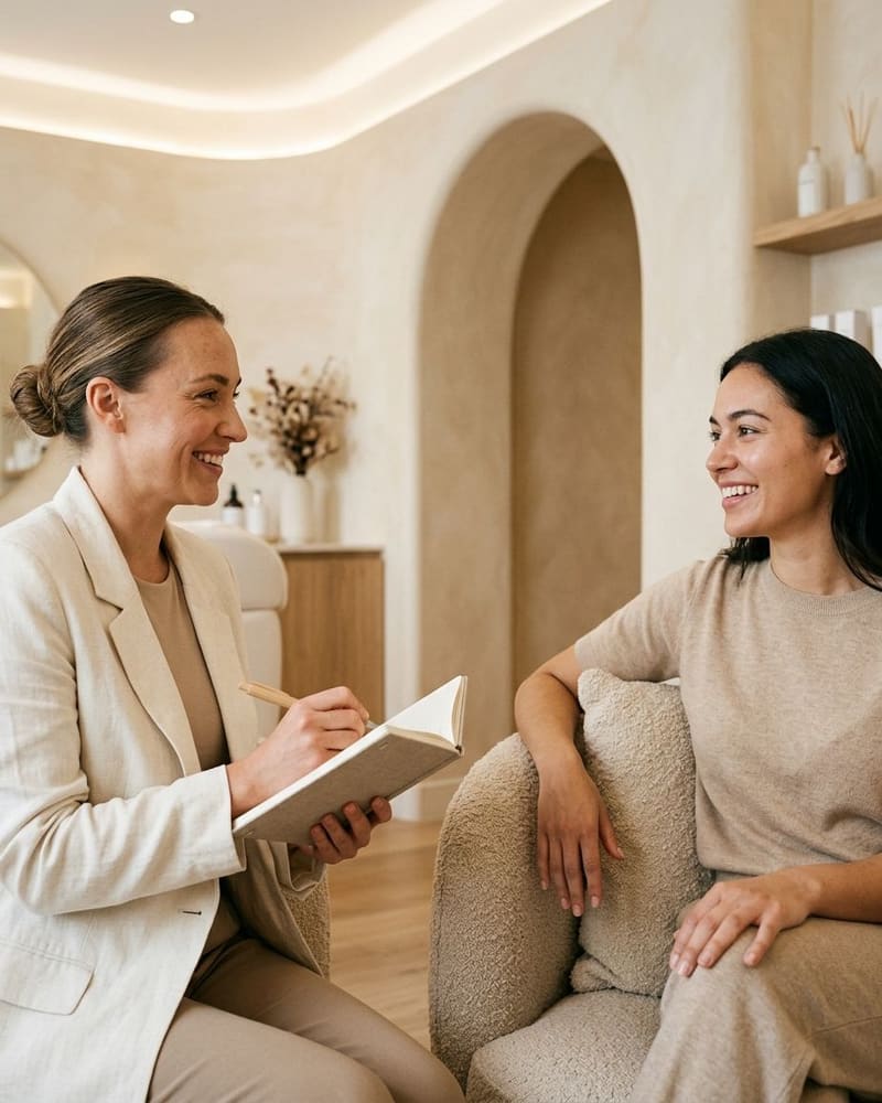 Two women smiling in conversation, one holding a notebook and pen