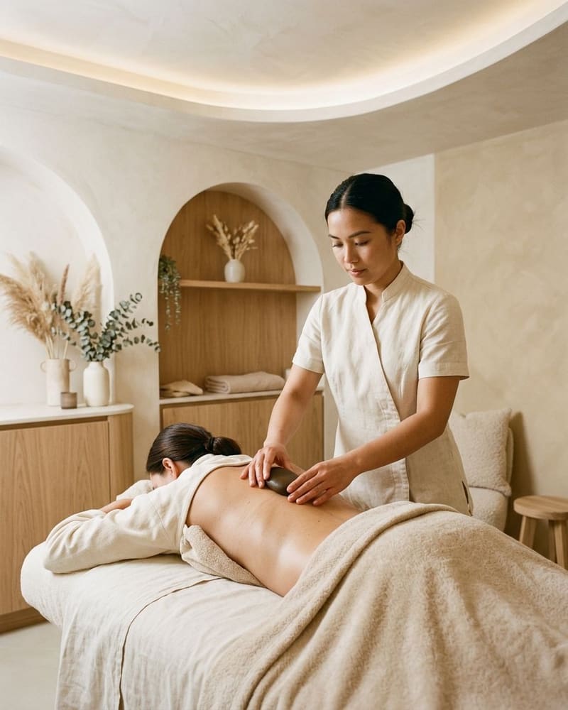 Therapist placing a warm stone along a client's back, face out of frame