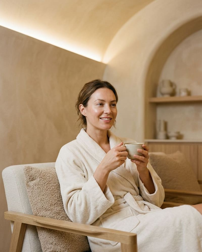 Woman in a robe smiling while holding a cup of tea