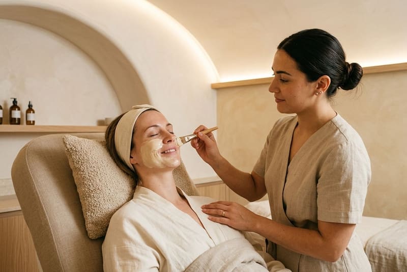 Therapist brushing a cream mask onto a relaxed, smiling woman's cheek