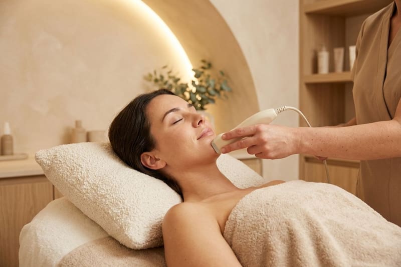 Woman lying back, eyes closed, as a handheld device is held to her jaw