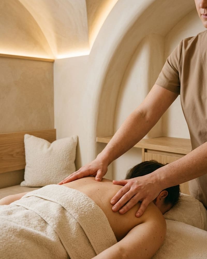 Hands pressing across a client's shoulders while lying face down, warm light